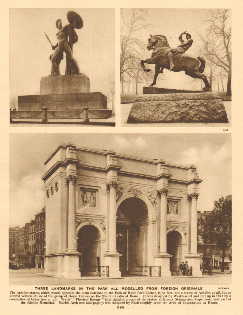 Hyde Park landmarks. Marble Arch. Achilles. Physical Energy 1926 old print